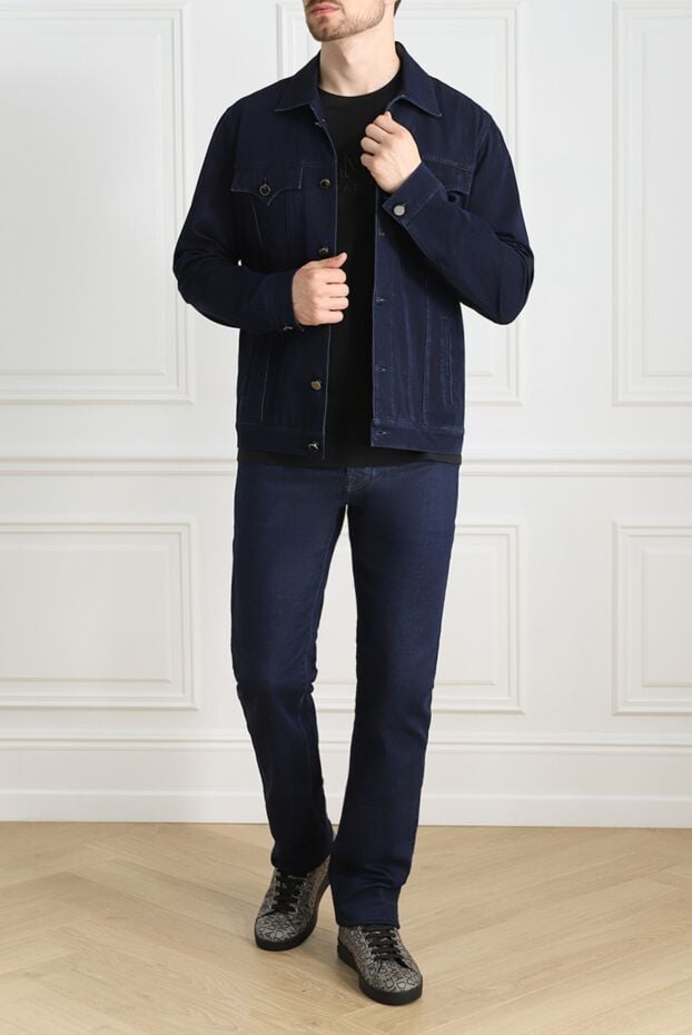 Blue denim jacket with buttons and distressed effect men's - photo 2