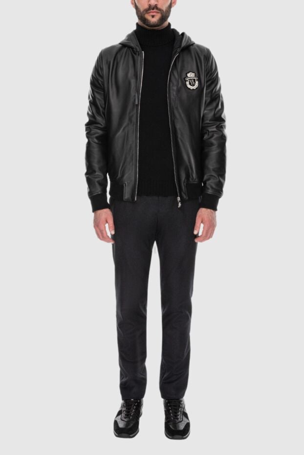 Billionaire mens black leather hooded jacket with embroidered logo 173225 - photo 2