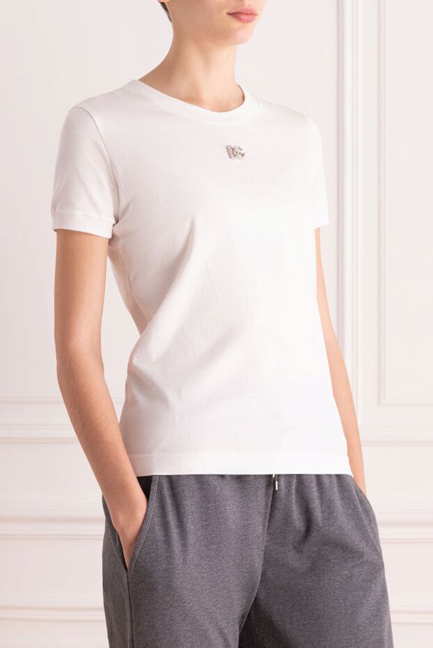 Dolce & Gabbana women's white cotton t-shirt with silver logo 173354 - photo 3