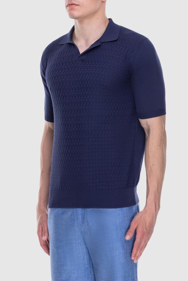 Cesare di Napoli dark blue cotton polo shirt with a textured check pattern for men 173364 - photo 3
