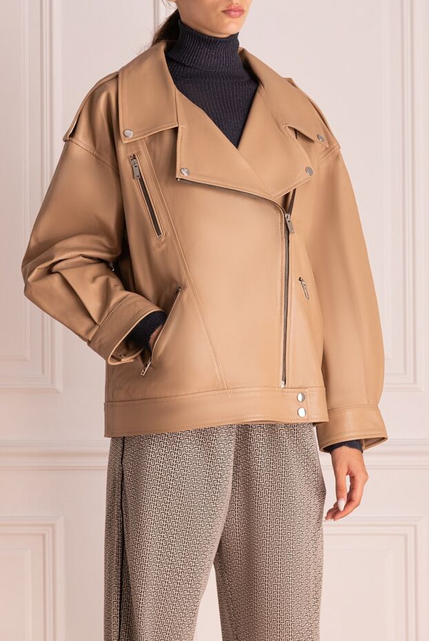 Fleur de Paris women's leather beige long jacket with metal elements 173648 - photo 3