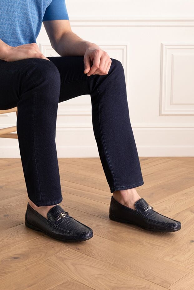 Stefano Ricci blue men's loafers made of textured leather and metal insert 173737 - photo 2