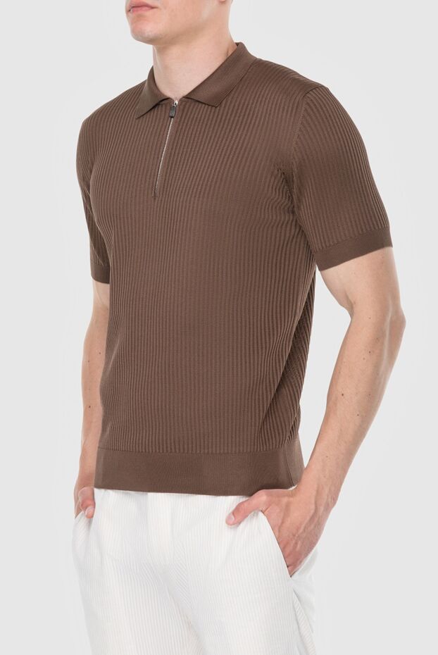 Corneliani men's brown ribbed silk polo shirt with zip 174031 - photo 3