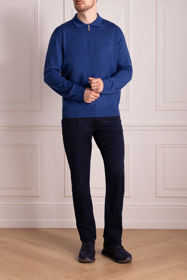 Men's blue woolen polo with embroidered logo - photo 2
