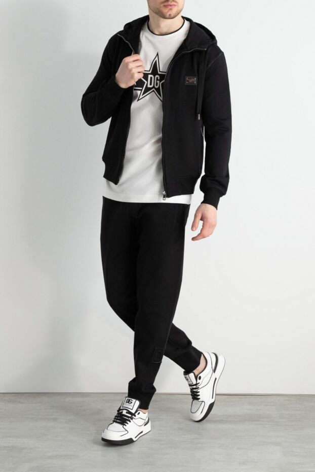 Black cotton zip-up hoodie with branded metal plate - photo 2