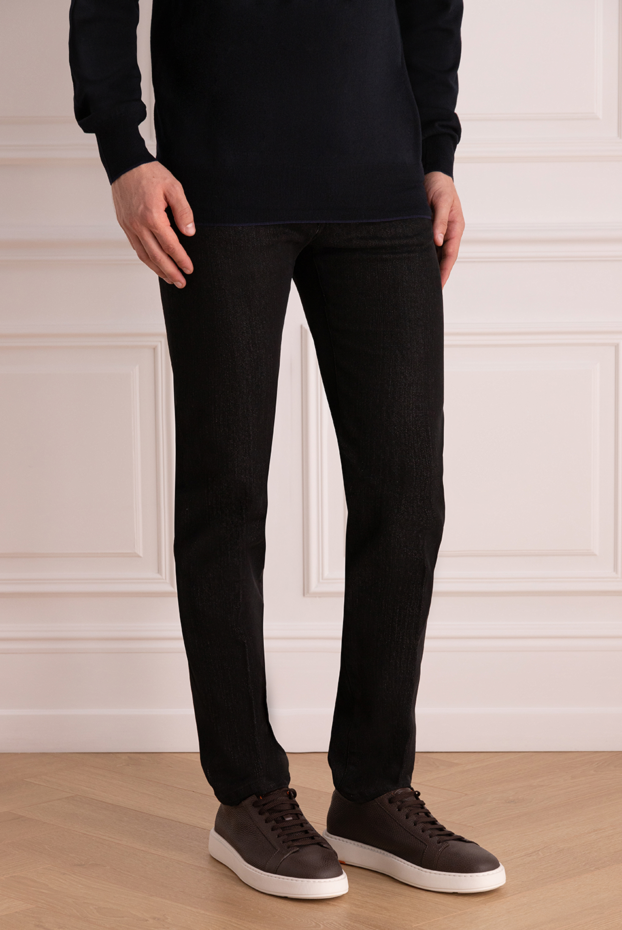 Kiton men's black jeans made of thick denim with red trim 175071 - photo 3