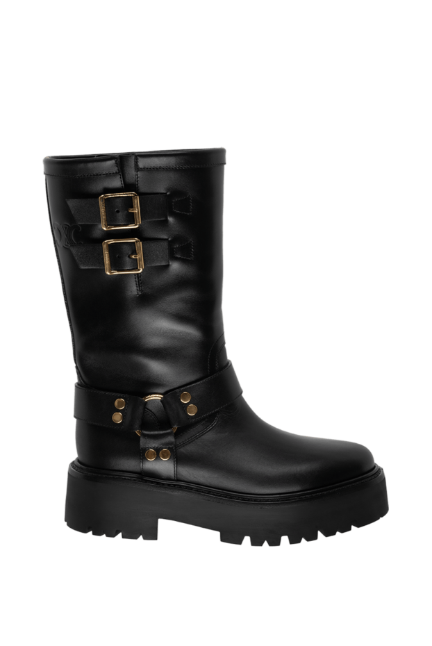 Celine black leather boots with gold-plated buckles on a chunky sole women's 175259 - photo 1