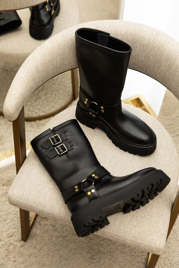 Celine black leather boots with gold-plated buckles on a chunky sole women's 175259 - photo 2