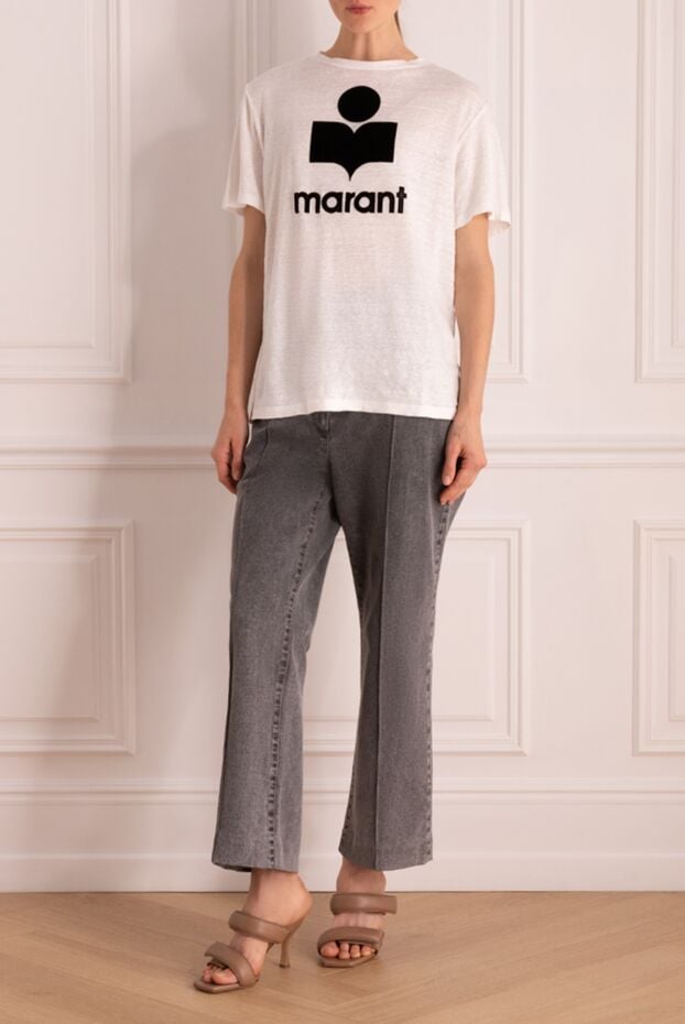 Isabel Marant white straight-cut linen t-shirt with black logo print women's 175305 - photo 2