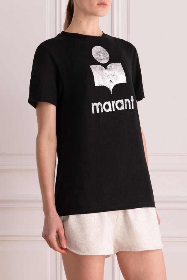 Isabel Marant black straight-cut linen t-shirt with silver logo print women's 175307 - photo 3