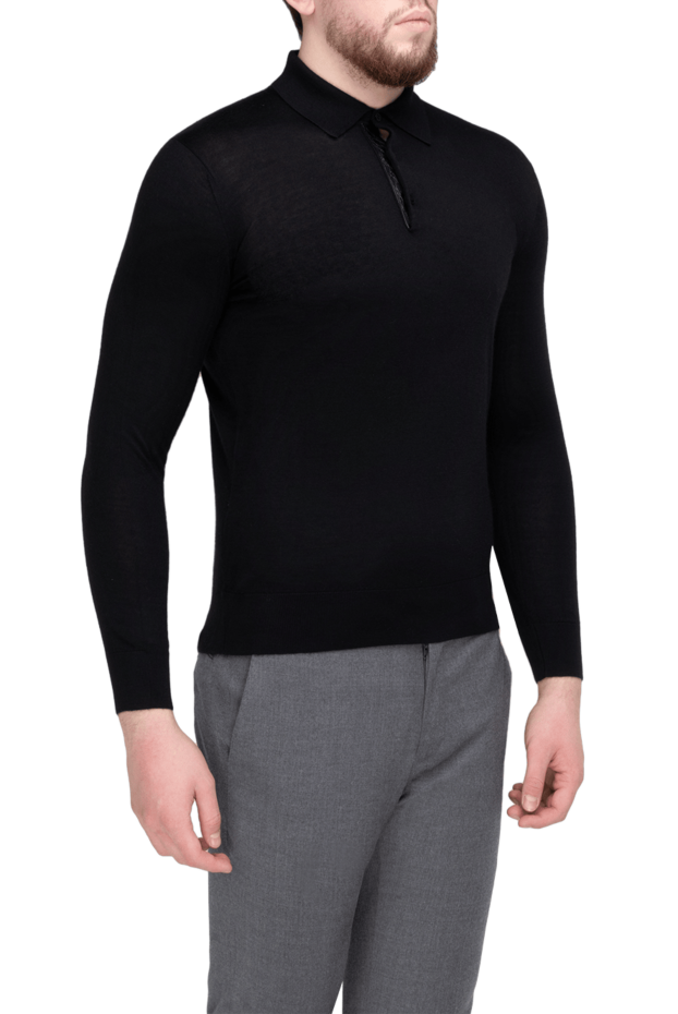 Men's black long sleeve silk and cashmere polo shirt - photo 2