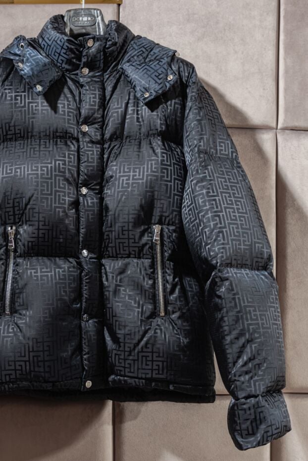 Voluminous black down jacket with jacquard logo and hood - photo 2