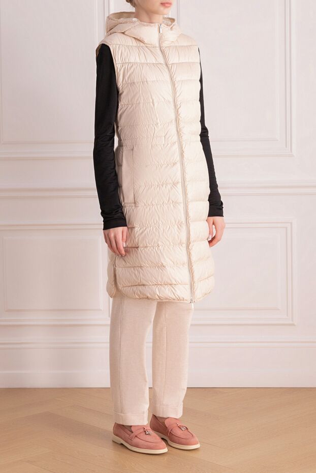 Peserico women's quilted elongated vest with a zipper, hood and side buttons, beige 176618 - photo 3
