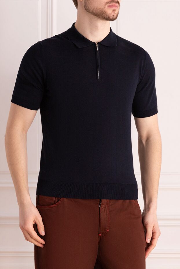 Cesare di Napoli men's dark blue cotton polo shirt with a zipper and no pattern 176902 - photo 3