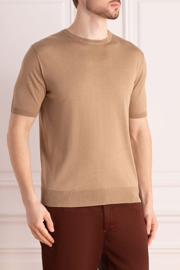 Cesare di Napoli men's short-sleeved silk caramel jumper with a classic round neck 176946 - photo 3