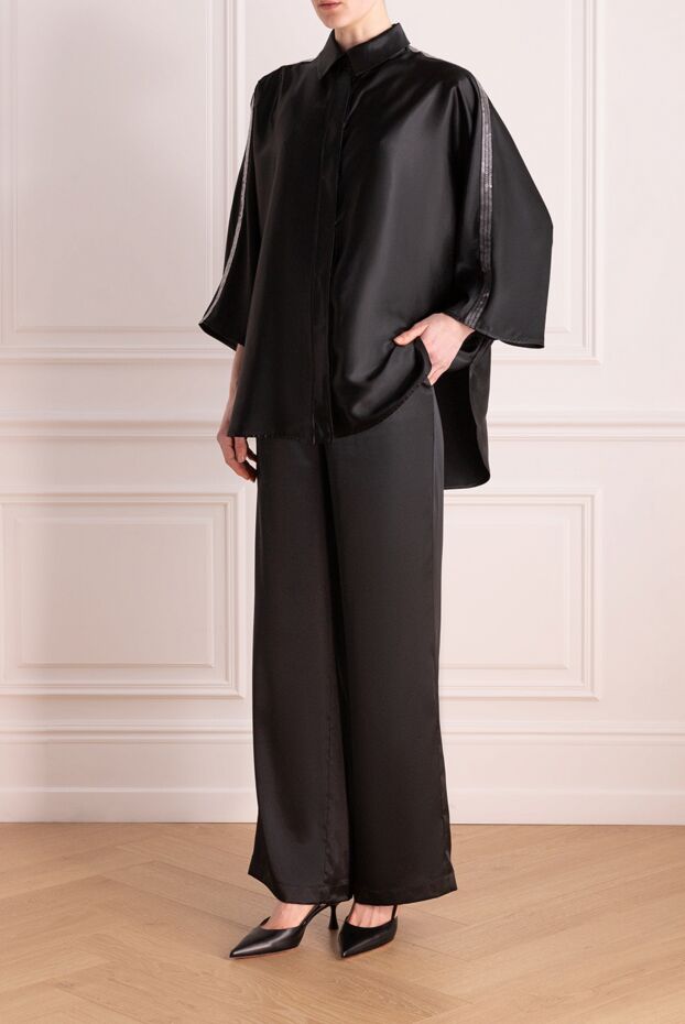 Panicale women's black set made of smooth satin material with shiny stripes on the sleeves 177346 - photo 2