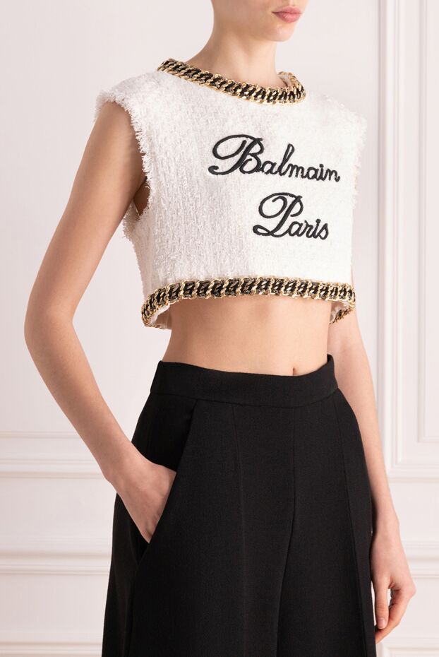Balmain білий укорочений топ з вишивкою та золотистим ланцюжком 177567 - фото 3
