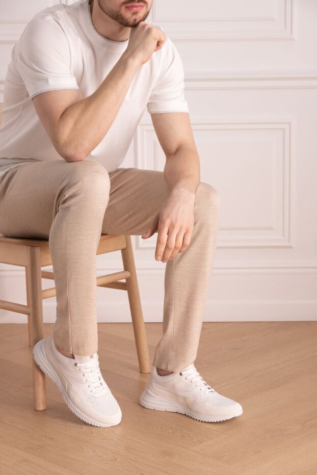 Stefano Ricci men's white sneakers made of genuine leather with mesh inserts 177884 - photo 2