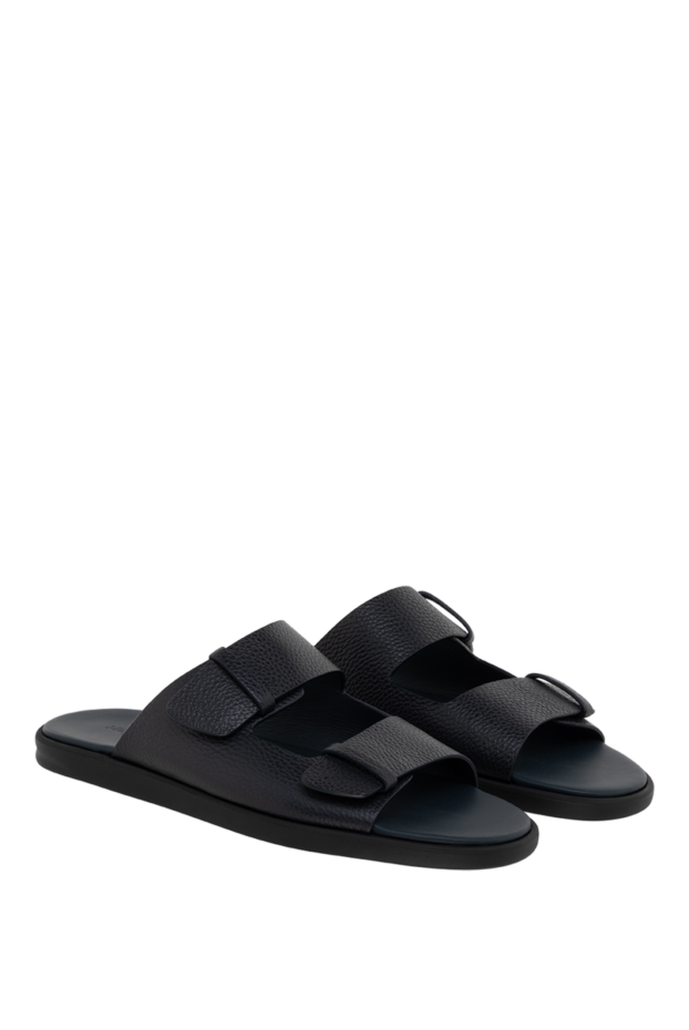 Doucal`s black men's grained leather slides with two wide straps 177929 - photo 3