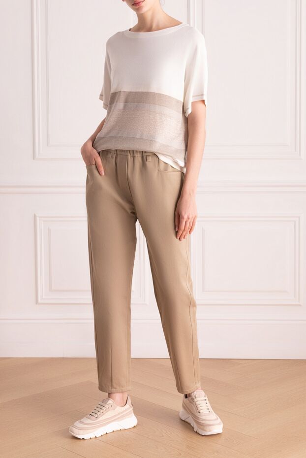 Women's beige cotton trousers with elastic waistband - photo 2