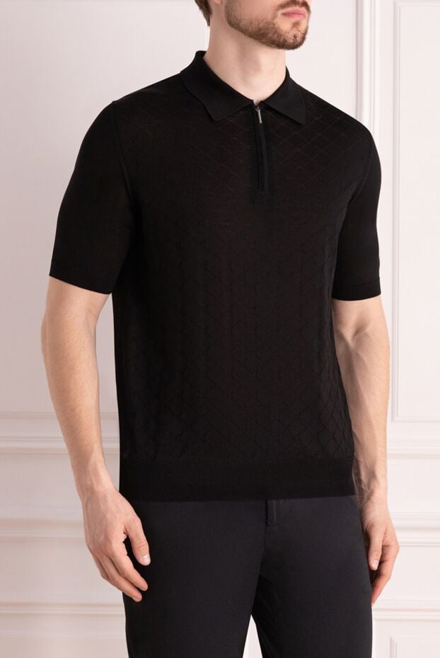 Cesare di Napoli men's black silk polo shirt with short sleeves and a zipper. 178331 - photo 3