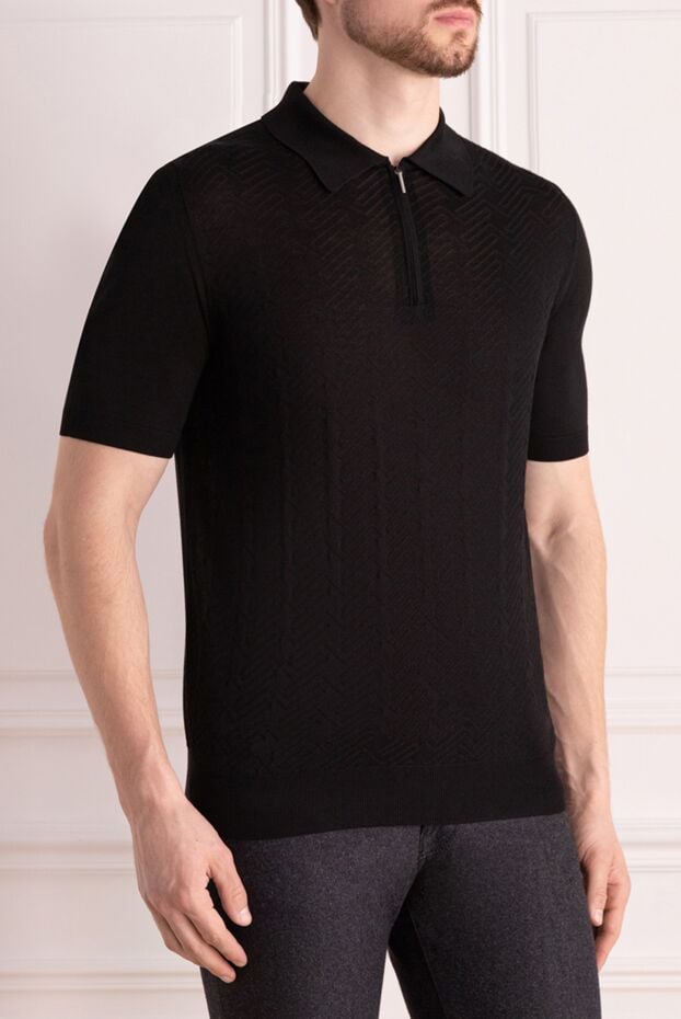 Cesare di Napoli black silk polo shirt with a raised pattern and a zippered collar 178332 - photo 3