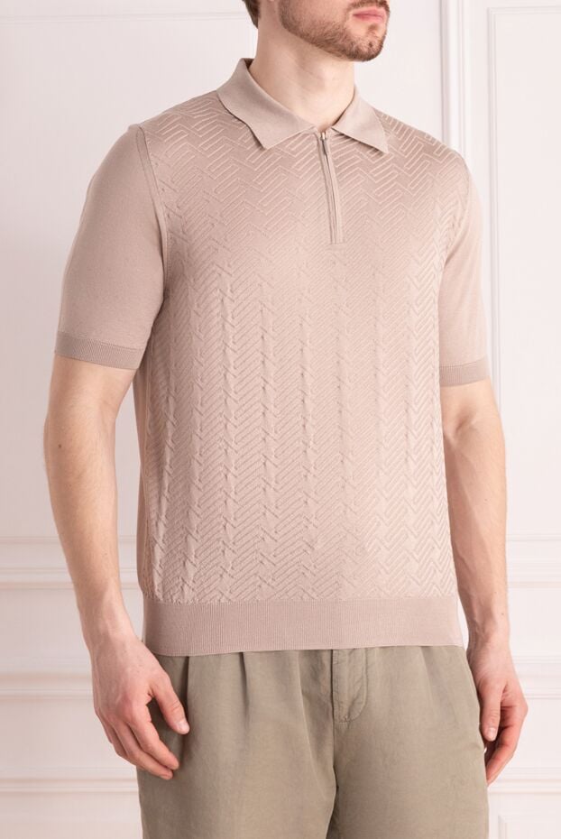 Cesare di Napoli men's beige silk polo shirt with a raised pattern and zipper 178333 - photo 3