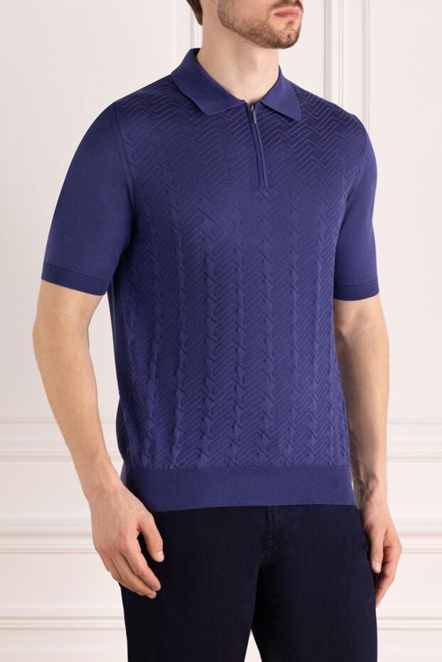 Cesare di Napoli men's blue knitted polo shirt with a relief pattern 178334 - photo 3