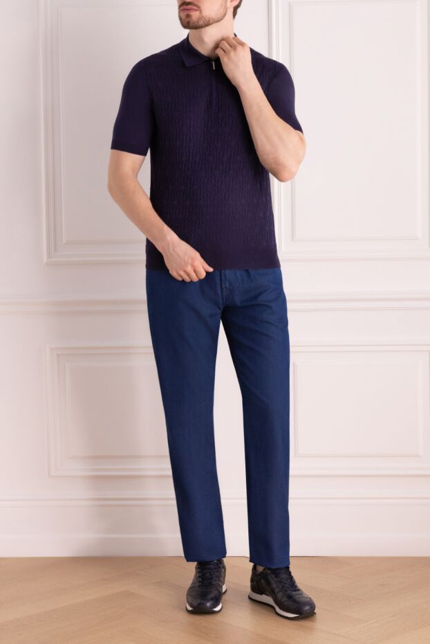Cesare di Napoli blue silk polo shirt with geometric pattern and zipper 178338 - photo 2