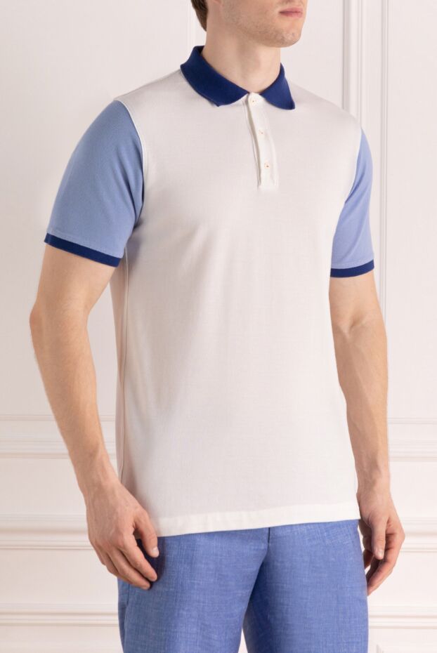 Kiton men's white cotton polo shirt with light blue sleeves and a blue collar 178904 - photo 3