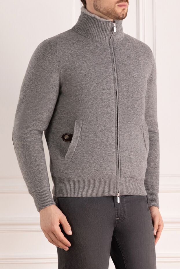 Svevo men's gray warm cashmere jacket with fur and leather elbow patches 178964 - photo 3