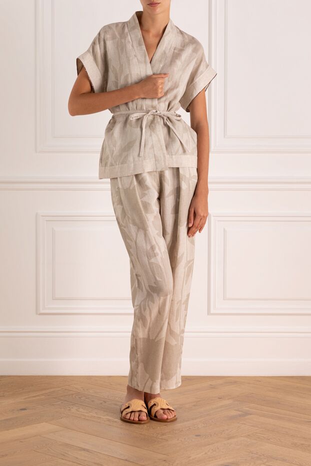 Women's beige linen suit with trousers - photo 2