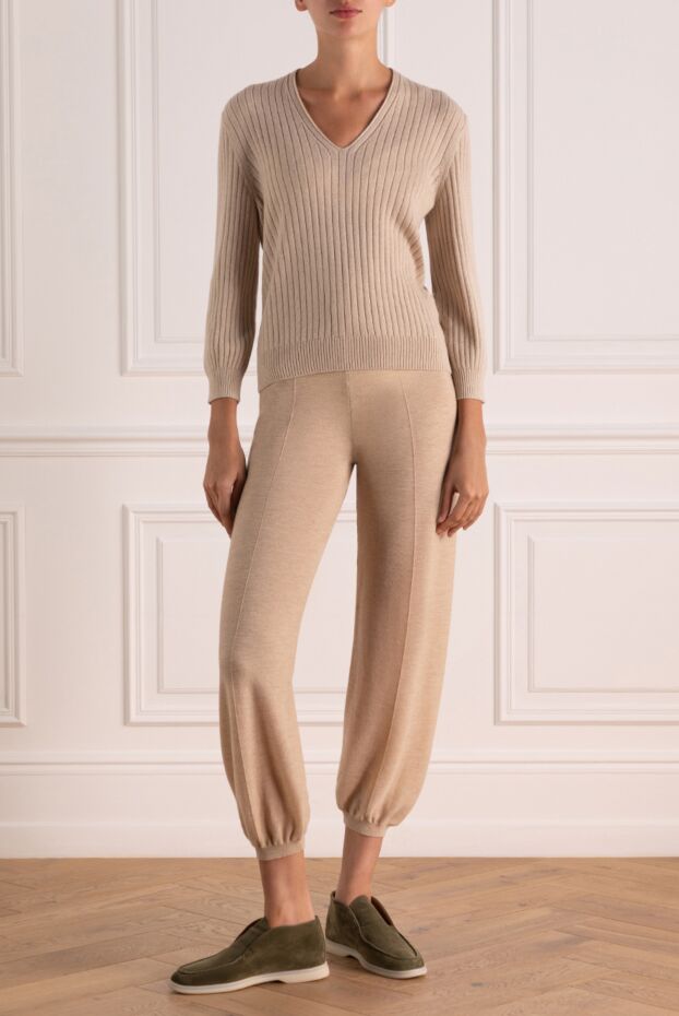 Loro Piana beige cashmere knit trousers with cuffs and drawstring waistband 179303 - photo 2