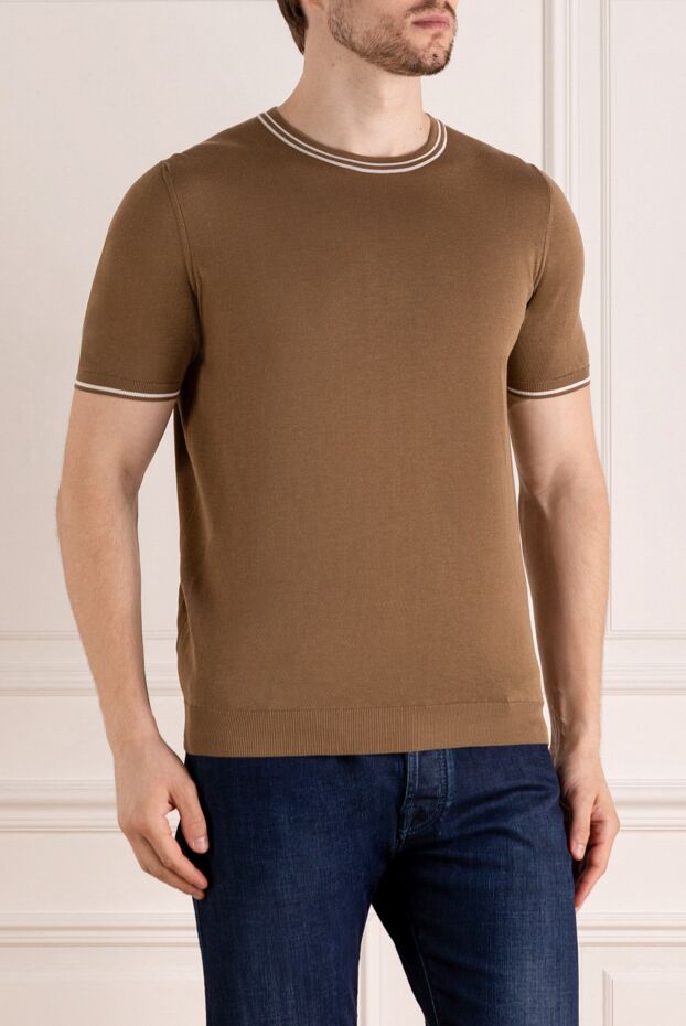 Svevo men's cotton jumper with short sleeves in brown with contrasting piping 179524 - photo 3