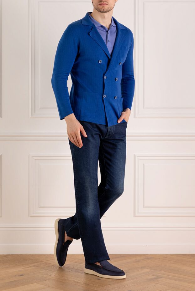 Svevo men's blue cotton double-breasted jacket with textured stripes 179533 - photo 2