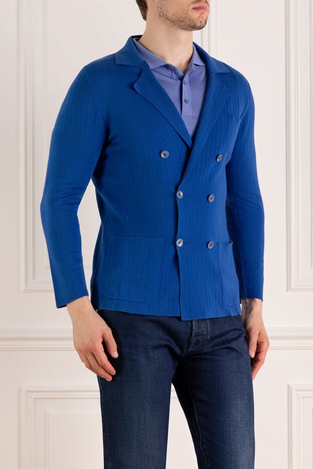 Svevo men's blue cotton double-breasted jacket with textured stripes 179533 - photo 3
