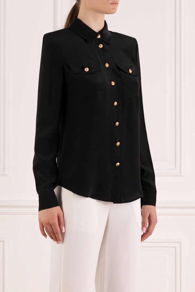 Balmain шелковая черная рубашка с длинным рукавом и золотыми пуговицами 179745 - фото 3