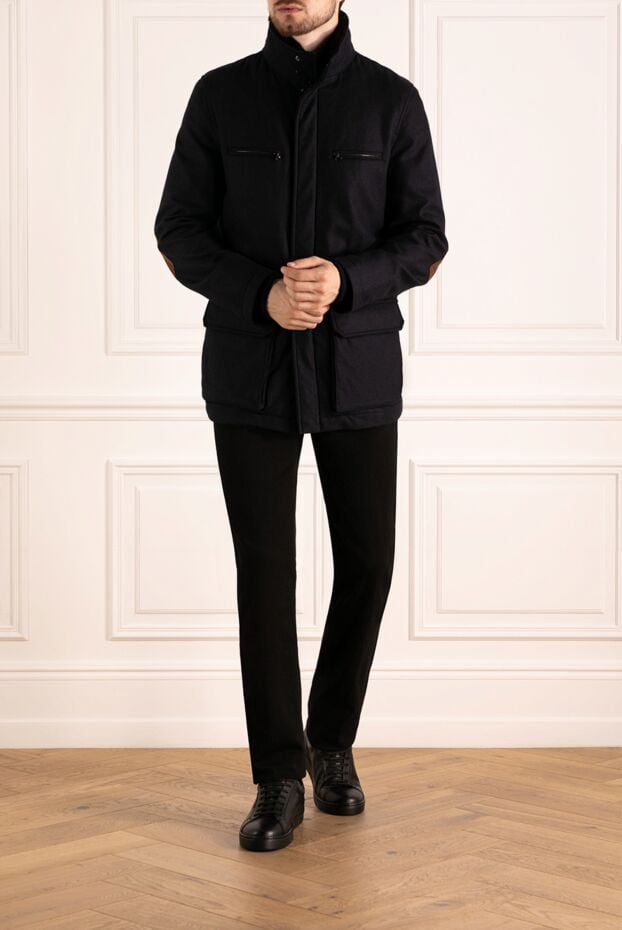 Cesare di Napoli dark blue cashmere down jacket with patch pockets and suede elbow pads 179807 - photo 2