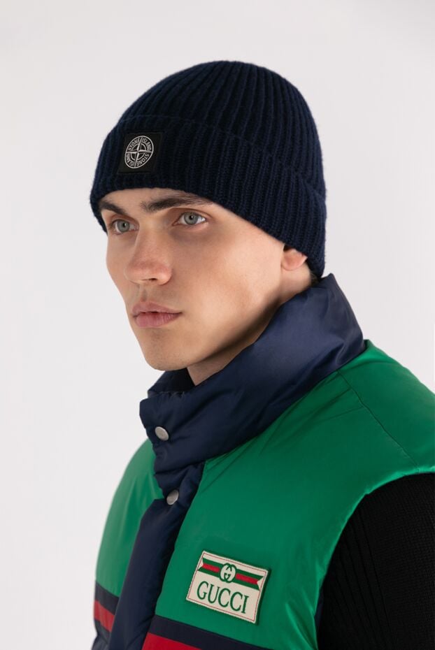 Stone Island шапка чоловіча вовняна синя в рубчик 180570 - фото 2