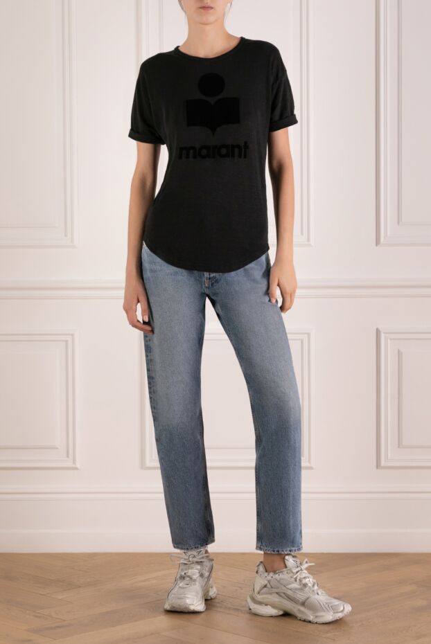 Isabel Marant women's black lightweight linen t-shirt with velvet logo 180628 - photo 2