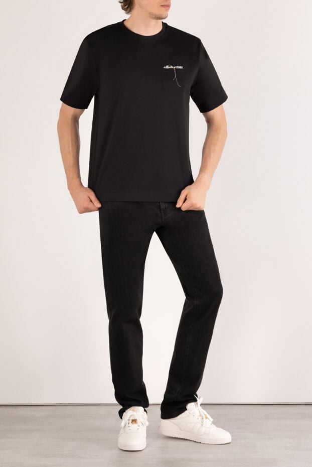 Fendi men's black cotton t-shirt with embroidered logo on the chest 180634 - photo 2