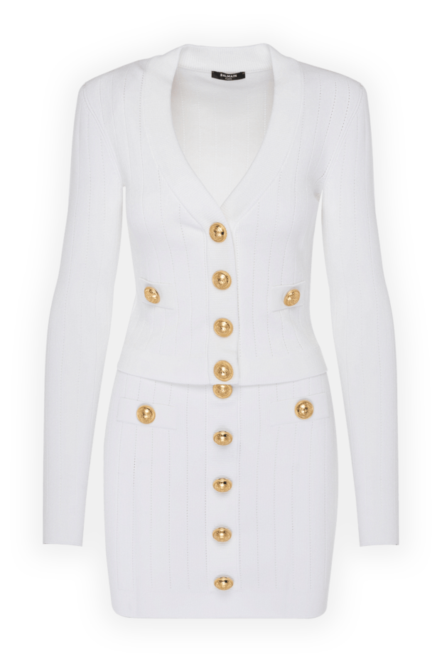 Balmain белый костюм с юбкой в рубчик с золотыми пуговицами 180761 - фото 1