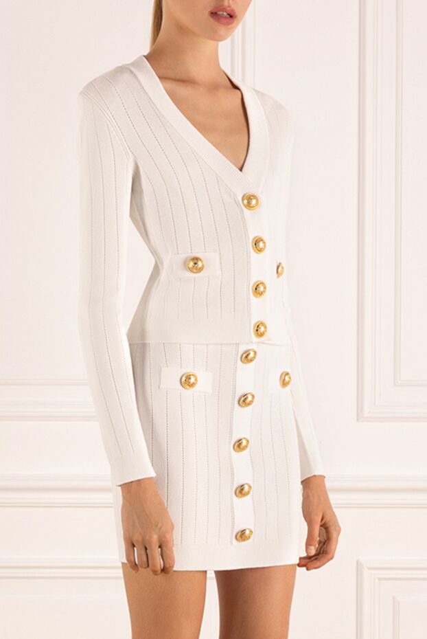 Balmain белый костюм с юбкой в рубчик с золотыми пуговицами 180761 - фото 3