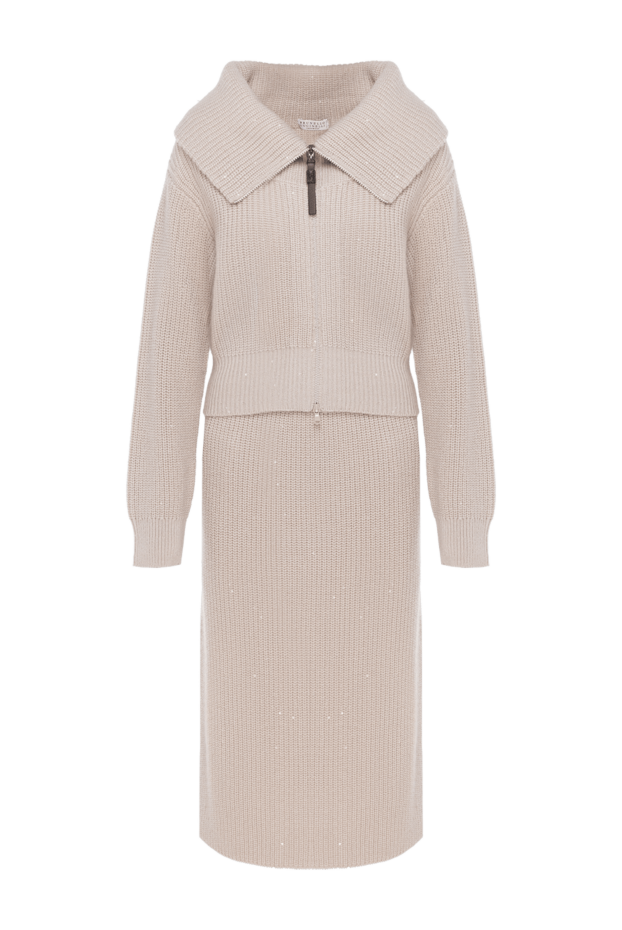 Brunello Cucinelli в'язаний костюм зі спідницею бежевий з широким коміром 181195 - фото 1