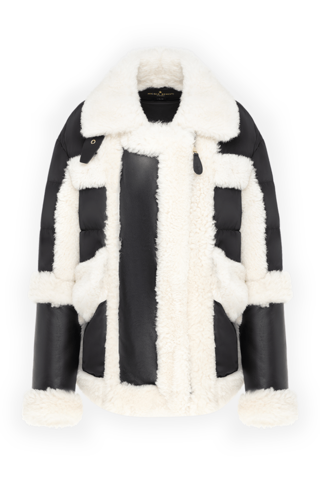 Women's down jacket made of black leather, white fur and textiles - photo 1
