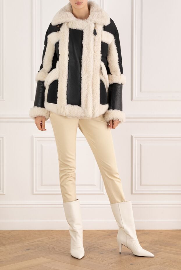 Women's down jacket made of black leather, white fur and textiles - photo 2