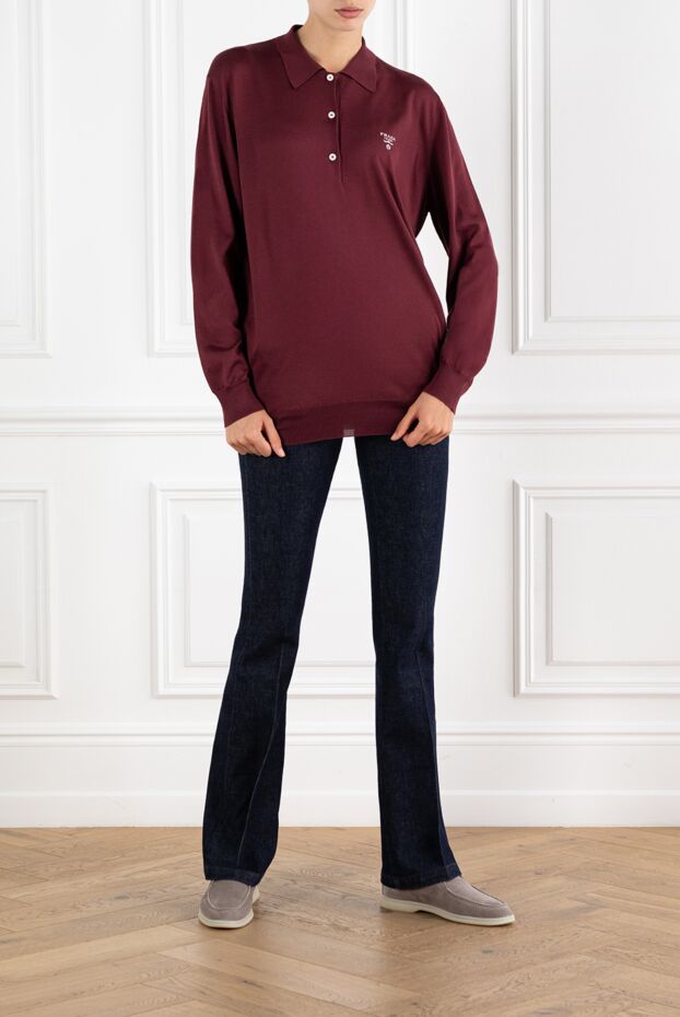 Prada burgundy long sleeve silk polo shirt with logo 185378 - photo 3