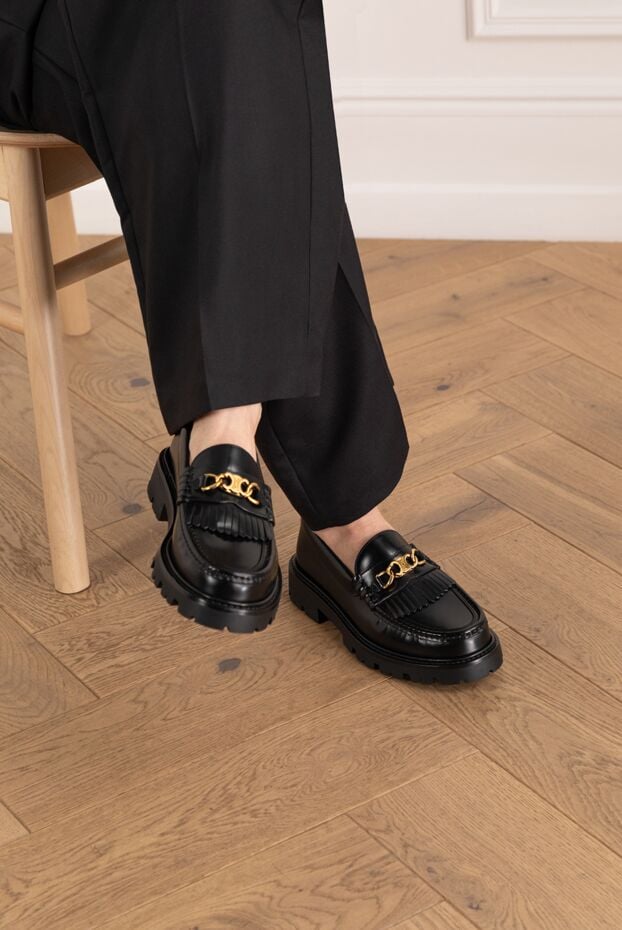 Celine margaret leather loafers with triomphe chain for women black 185410 - photo 2