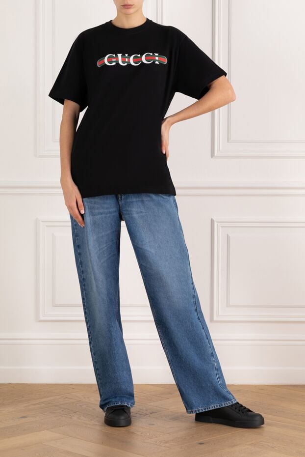 Gucci футболка хлопковая с логотипом черная женская 185567 - фото 2