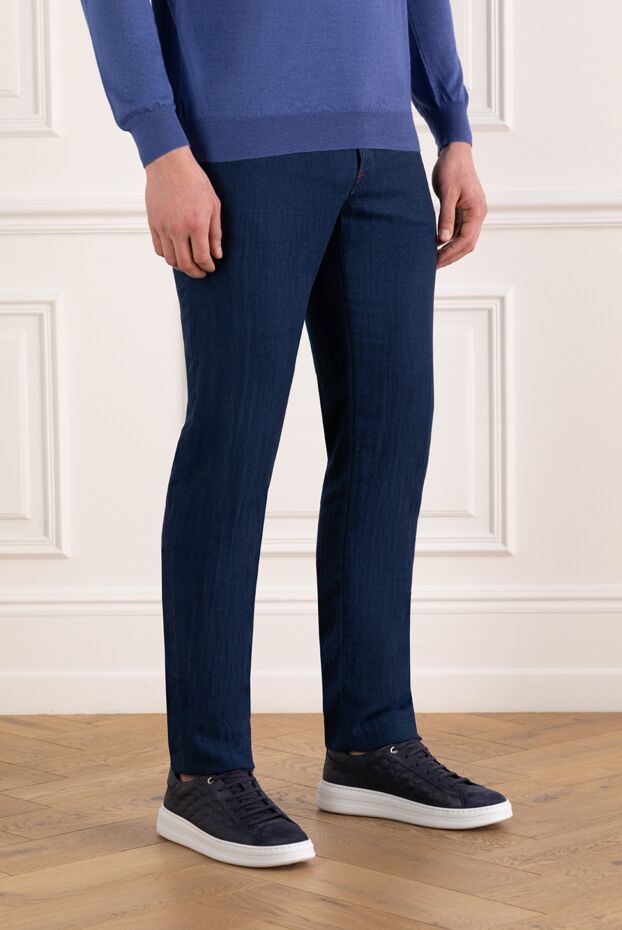 Kiton men's blue cotton skinny jeans with red stitching 185692 - photo 3